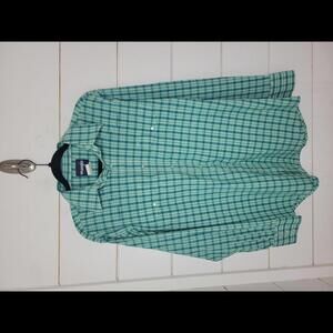 Wrangler large green blue & white plaid snap button down shirt